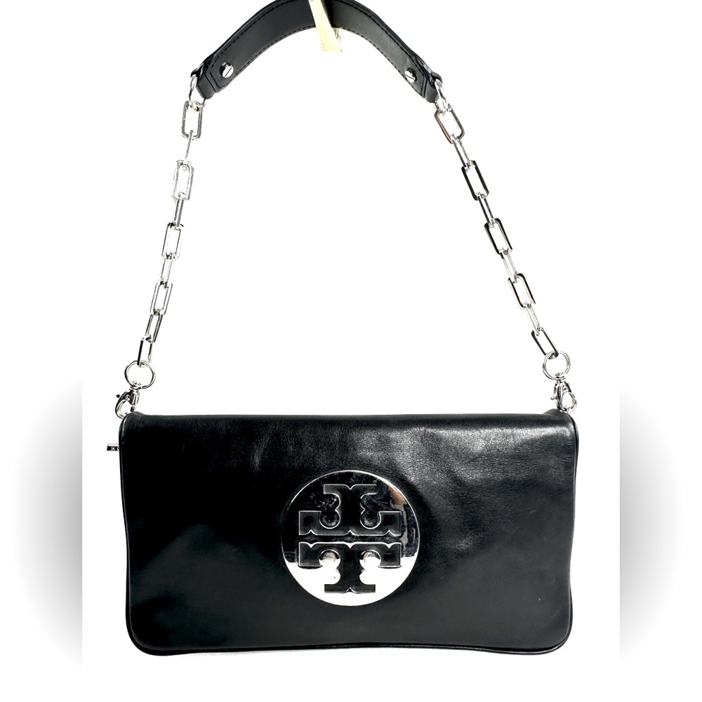 Tory Burch Reva Black Leather Fold Over Clutch Shoulder Bag Chain Strap Silver